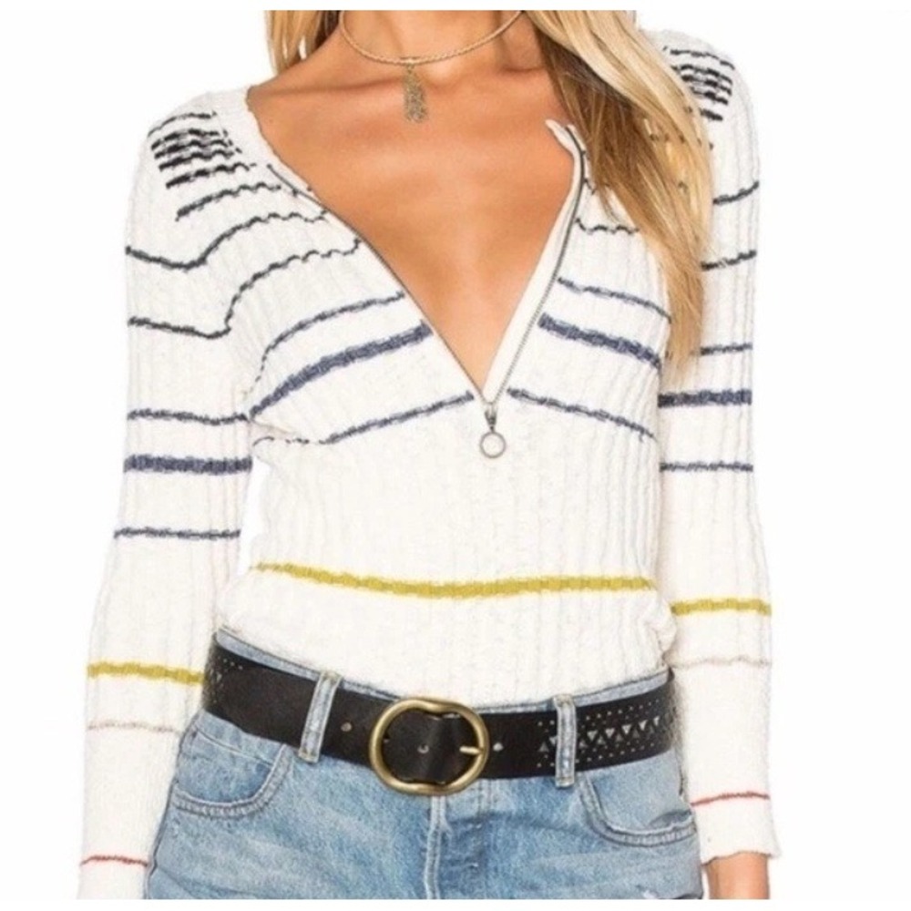 Free People Rossi Ribbed Zip-Neck Pullover Sweater White Striped Knit Boho Sz S